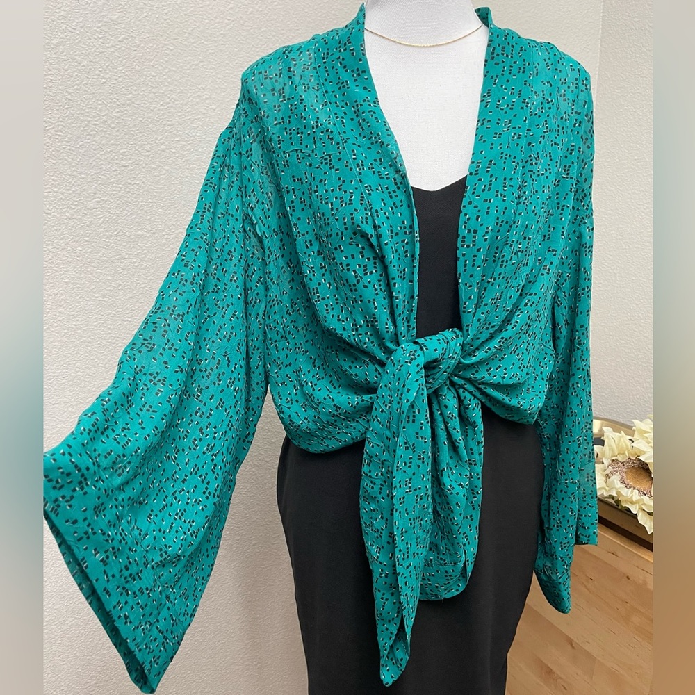 Teal and Black Sheer Open Front Kimono Cardigan - Picture 3 of 16